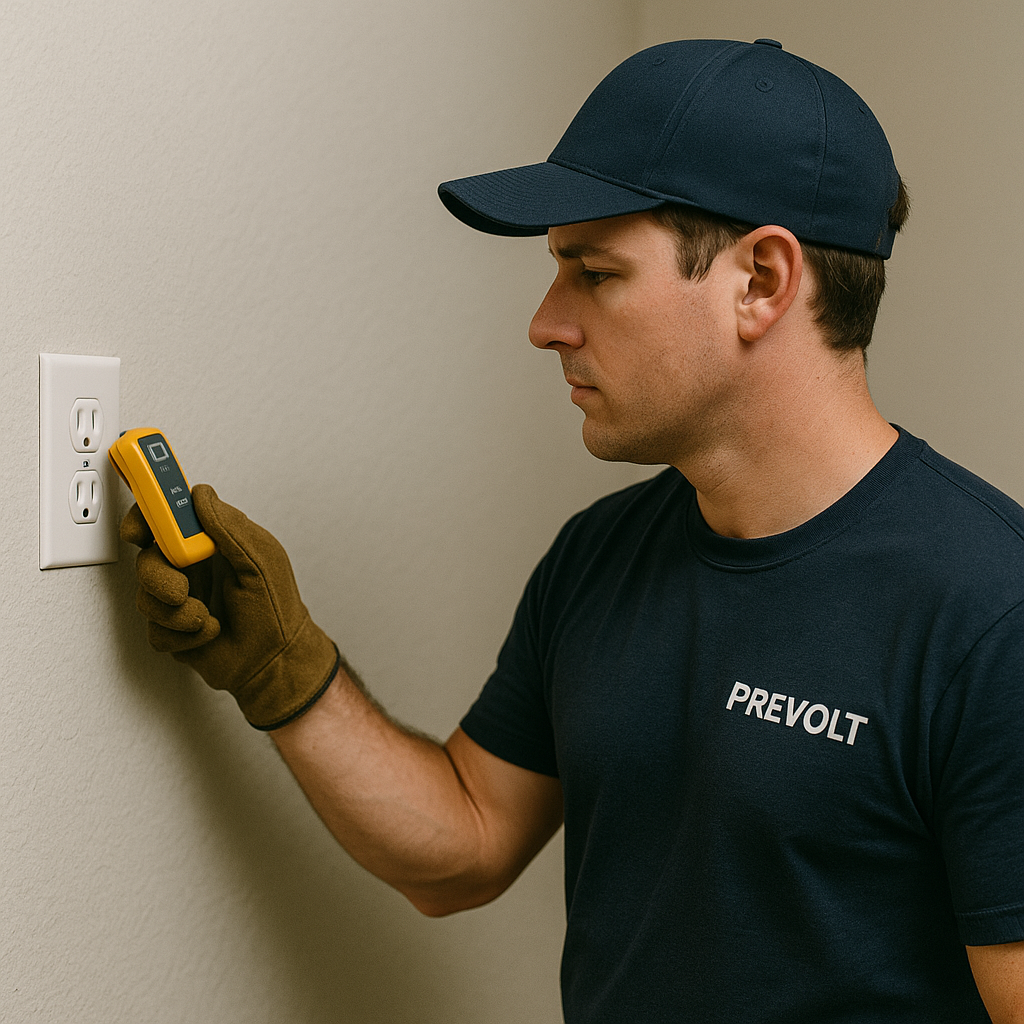 Prevolt Electric technician testing a residential wall outlet with a voltage tester to diagnose wiring issues in a Connecticut home