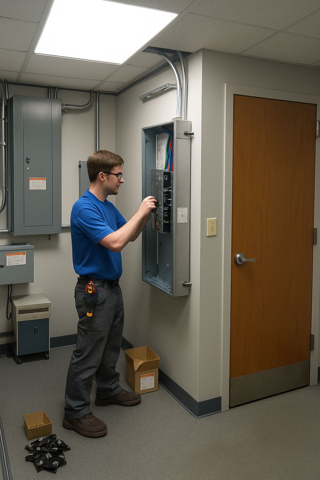 Prevolt Electric technician performing electrical panel work during an airport project.