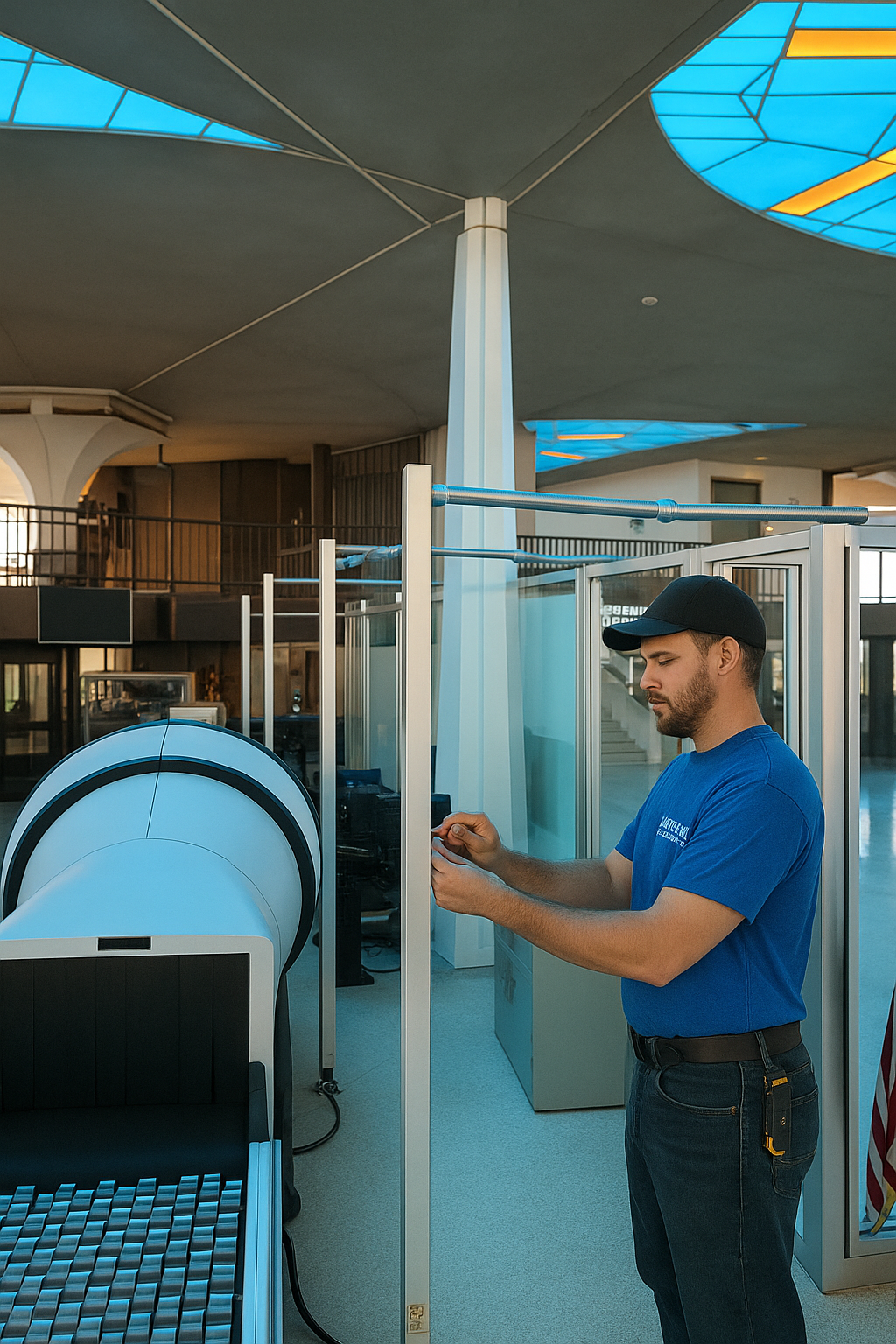 Prevolt Electric technician performing electrical work at an airport checkpoint project.