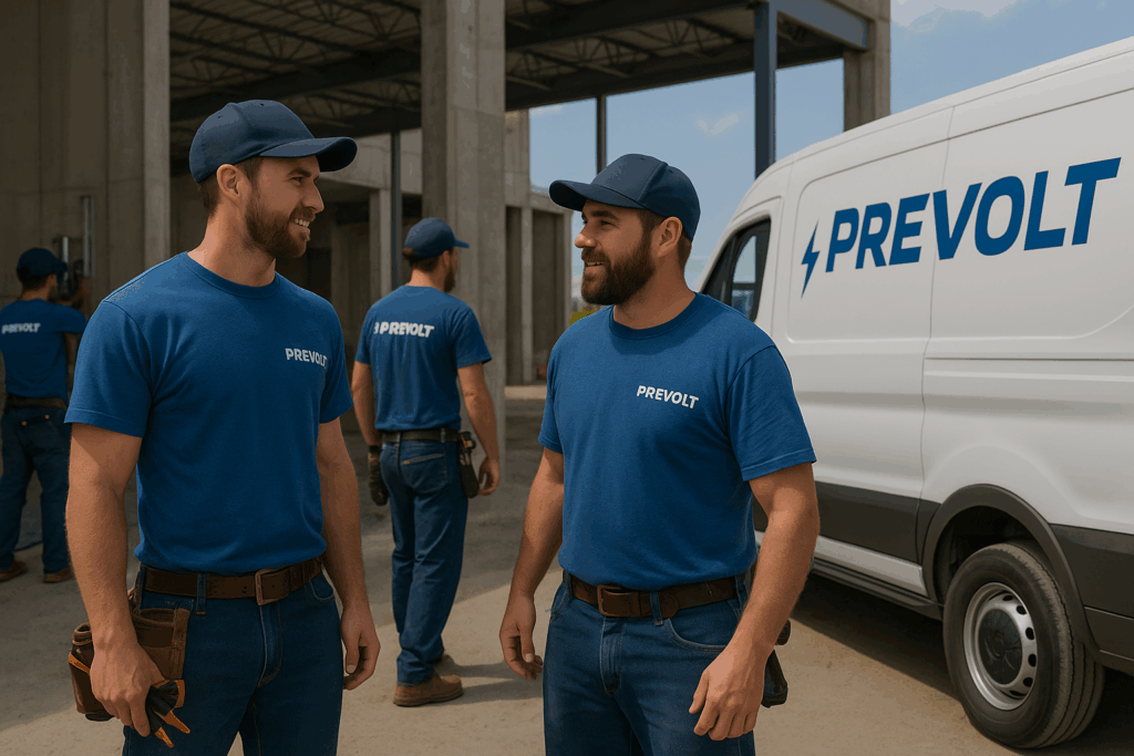 Prevolt Electric technicians in blue shirts standing beside a white Prevolt van at a commercial construction site in Connecticut, representing licensed electrical contractors serving MA and CT.