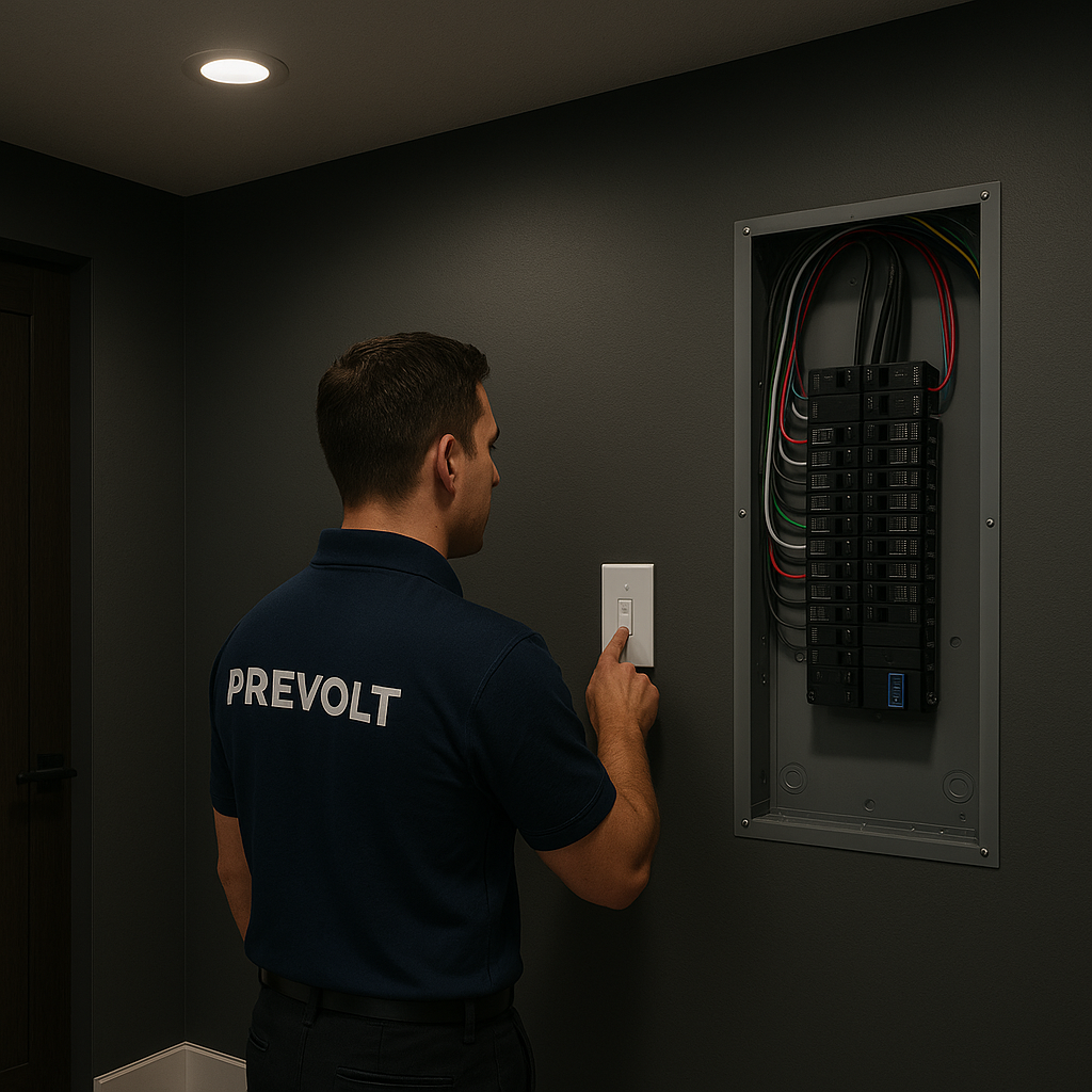 Finished Prevolt Electric installation in Suffield, CT with clean panel labeling, neat wiring, and modern LED lighting