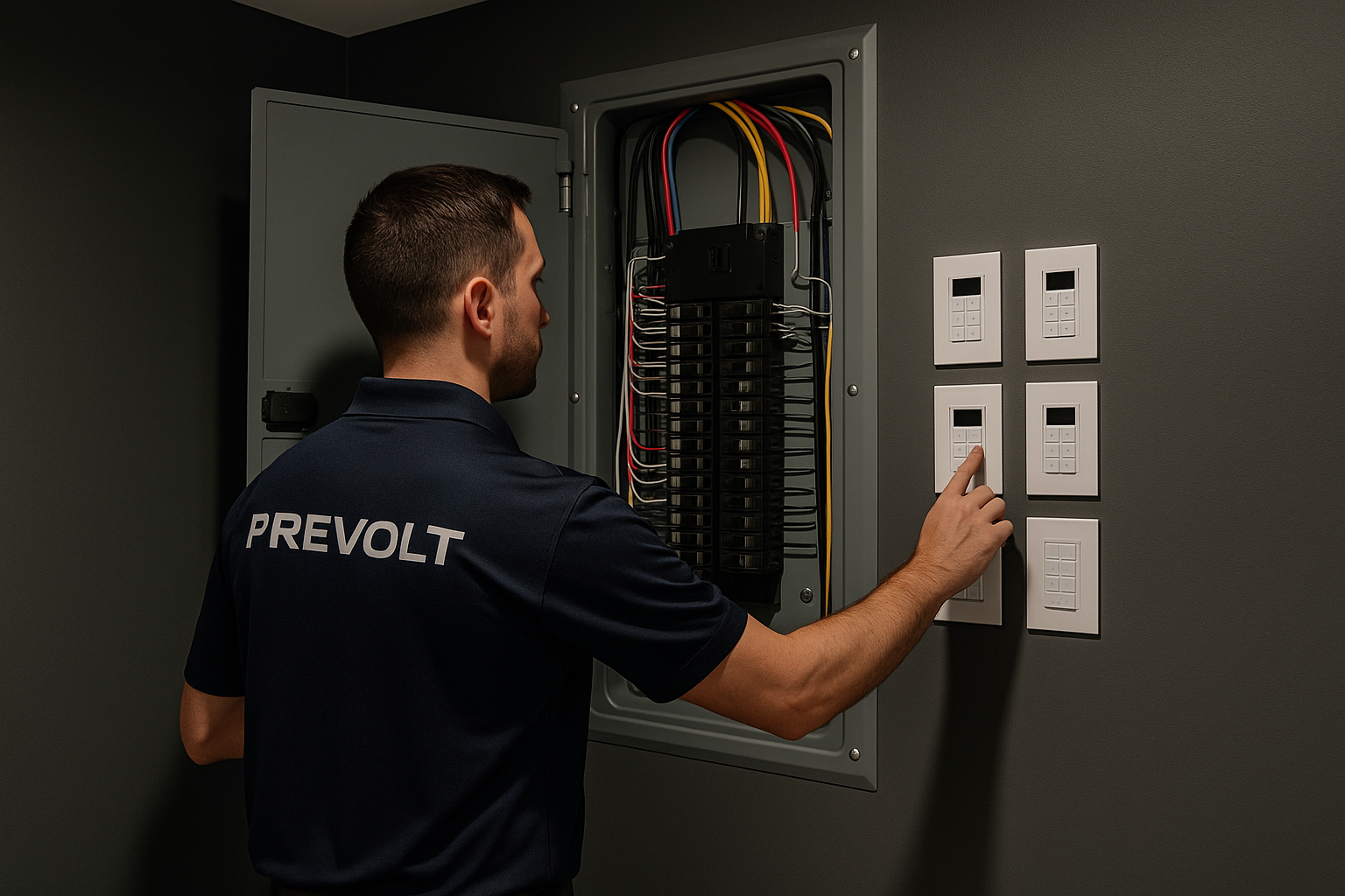 revolt Electric technician completing a complex, code-compliant installation with organized panel work and multi-zone LED controls