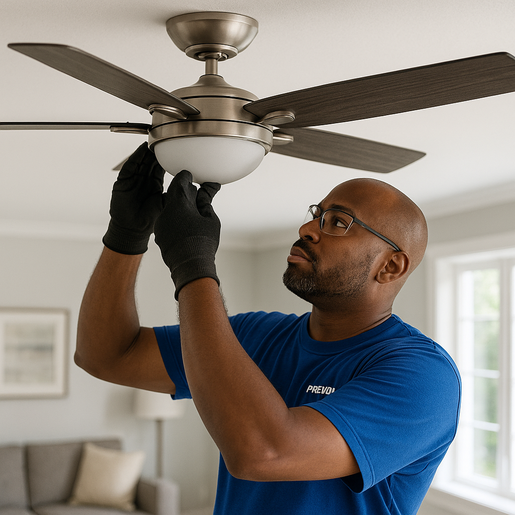 Licensed electrician replacing an existing ceiling fan in a Connecticut living room.