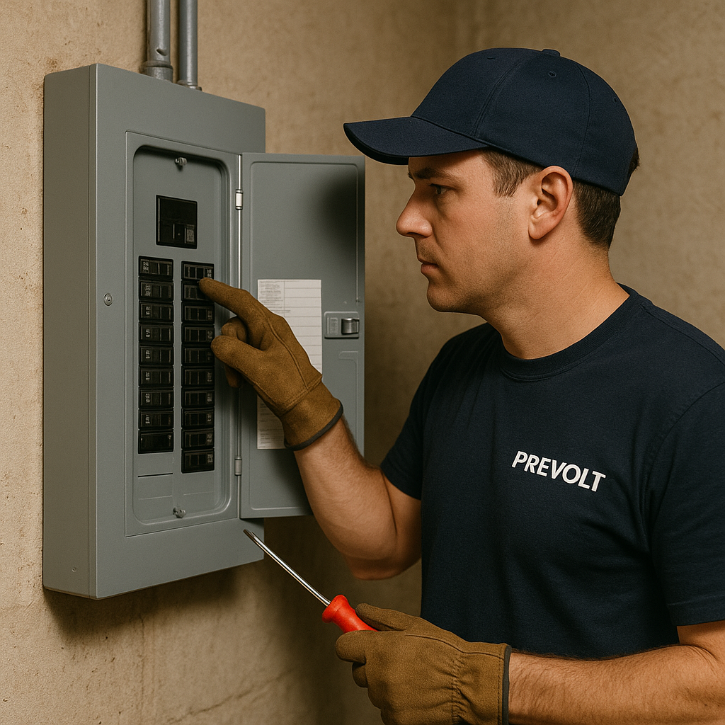 Prevolt Electric technician diagnosing an electrical panel in Connecticut.