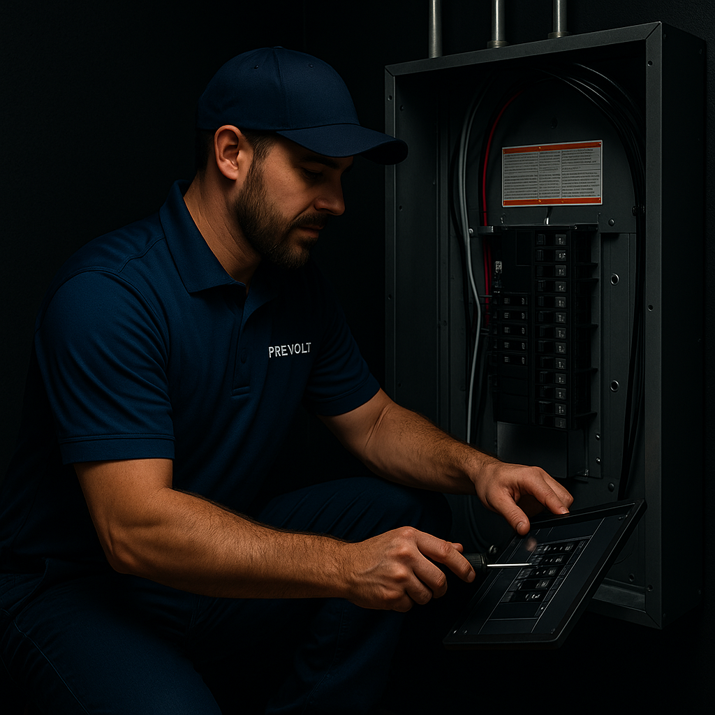 Prevolt Electric technician finishing a clean, code-compliant electrical panel installation.