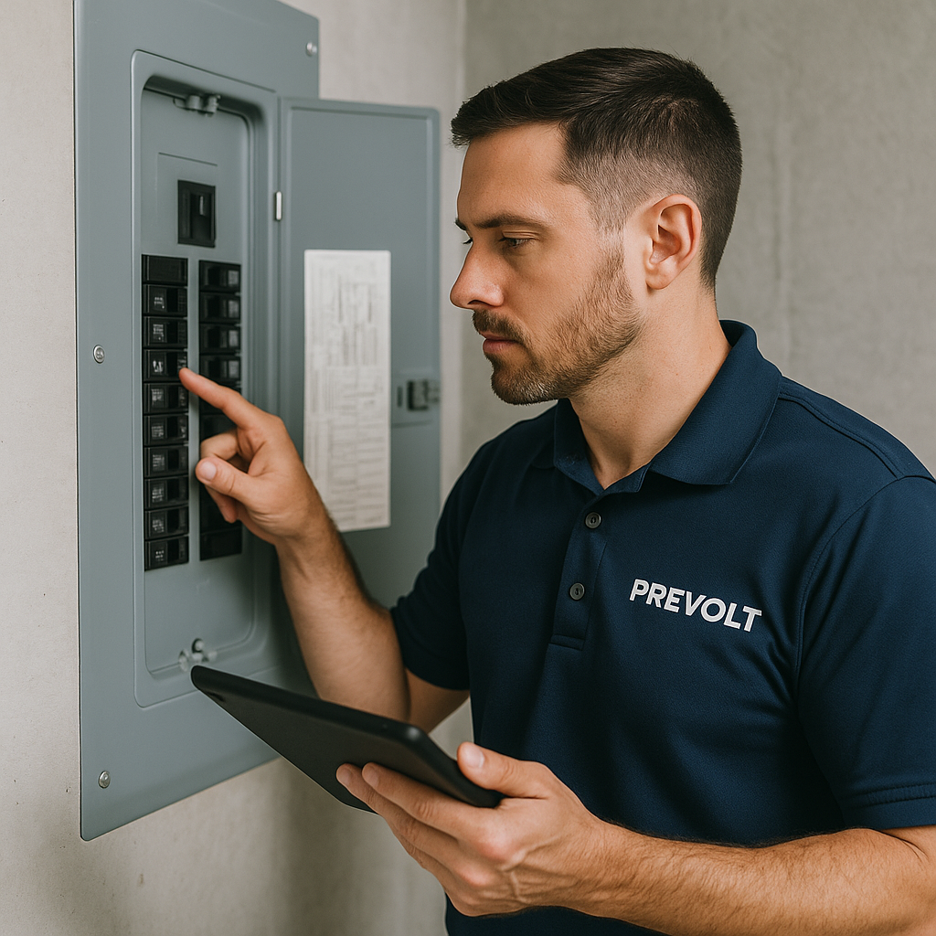 Prevolt Electric technician inspecting a home’s breaker panel and wiring map using a tablet during a whole-home rewire assessment in Connecticut