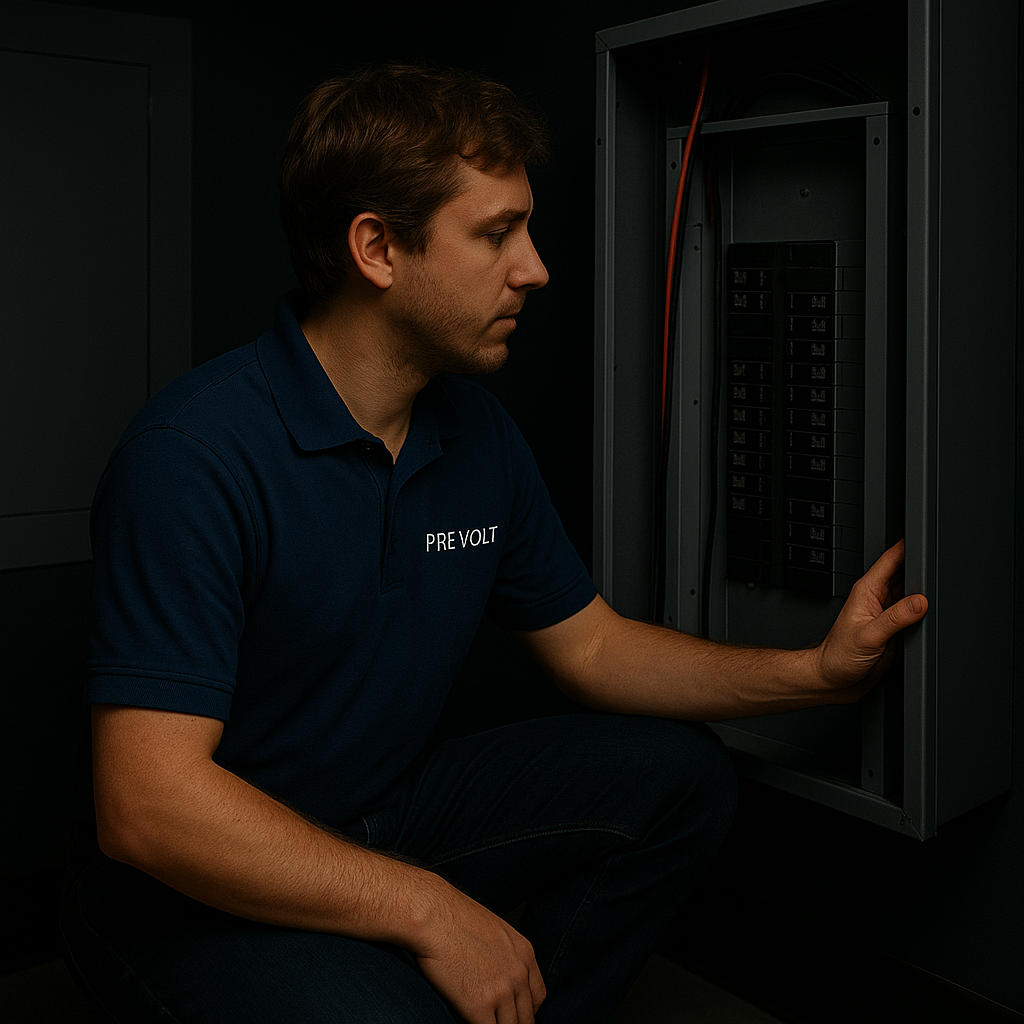 Prevolt Electric technician inspecting an electrical panel during a safety and compliance check.