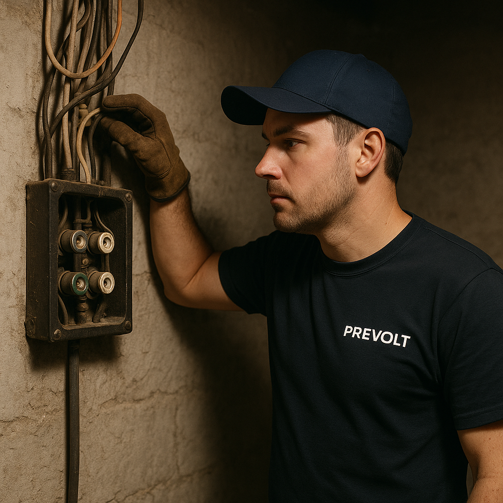 Prevolt Electric licensed technician inspecting an old electrical fuse panel during a whole-home rewire in Connecticut basement