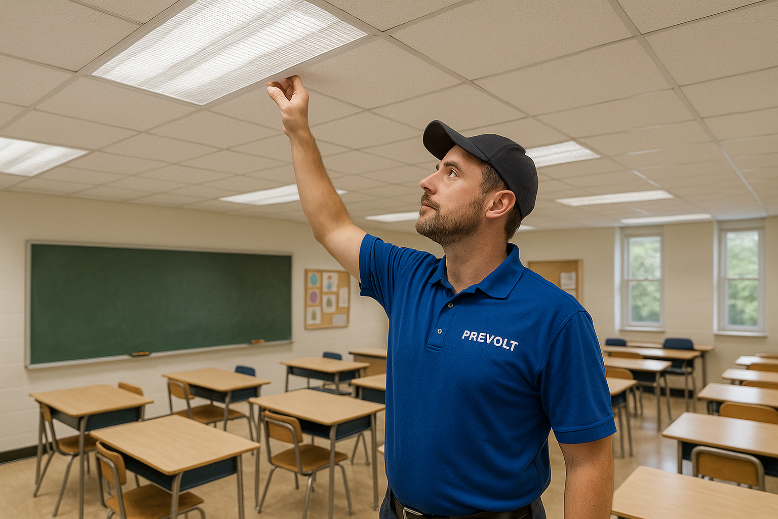 Licensed Prevolt Electric technician in blue uniform inspecting classroom lighting fixture at Connecticut school.