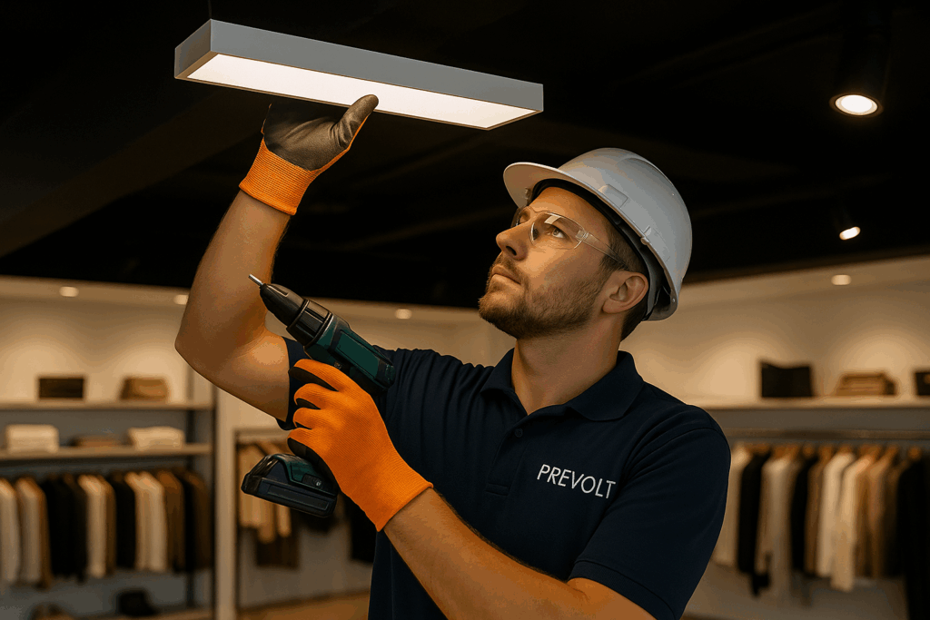Prevolt Electric technician in blue shirt and hard hat professionally mounting LED lighting fixture on retail store ceiling.