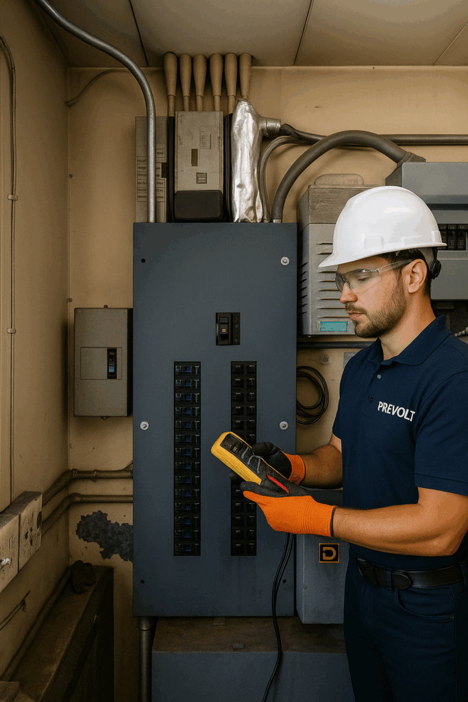 Prevolt Electric technician wearing a Prevolt Blue shirt and safety gear performing electrical preparation on a commercial breaker panel.