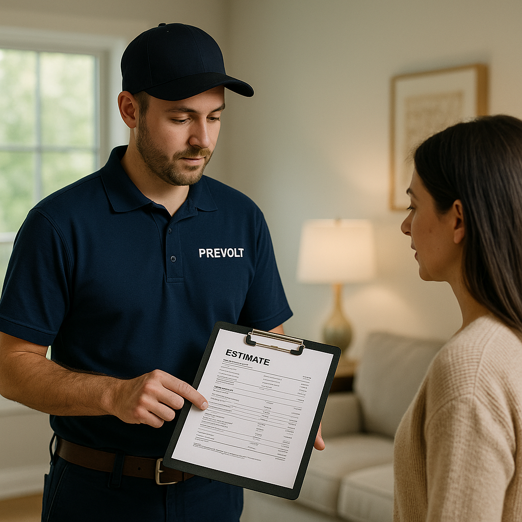 Prevolt Electric technician showing a homeowner a detailed whole-home rewire estimate on a clipboard inside a bright Connecticut home