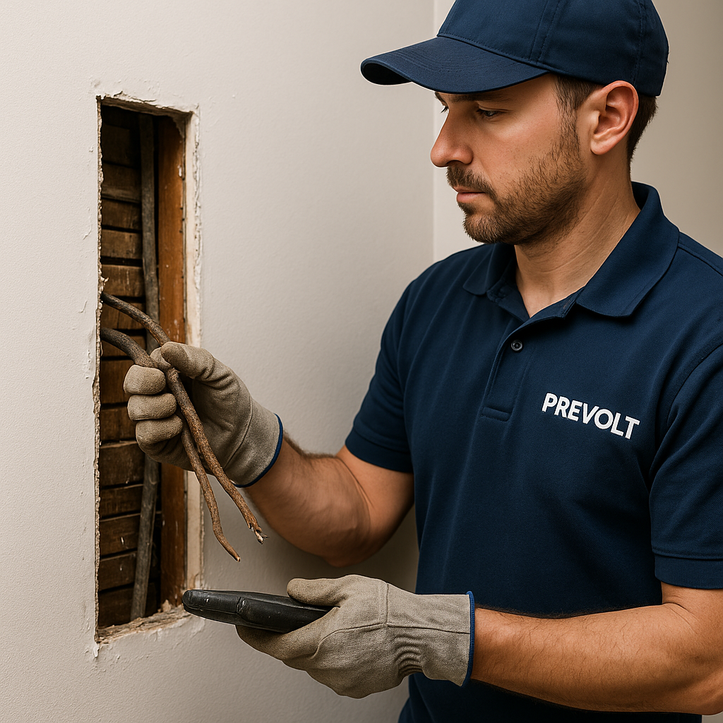 Prevolt Electric technician safely removing old knob-and-tube wiring from an open wall cavity during a whole-home rewire in Connecticut