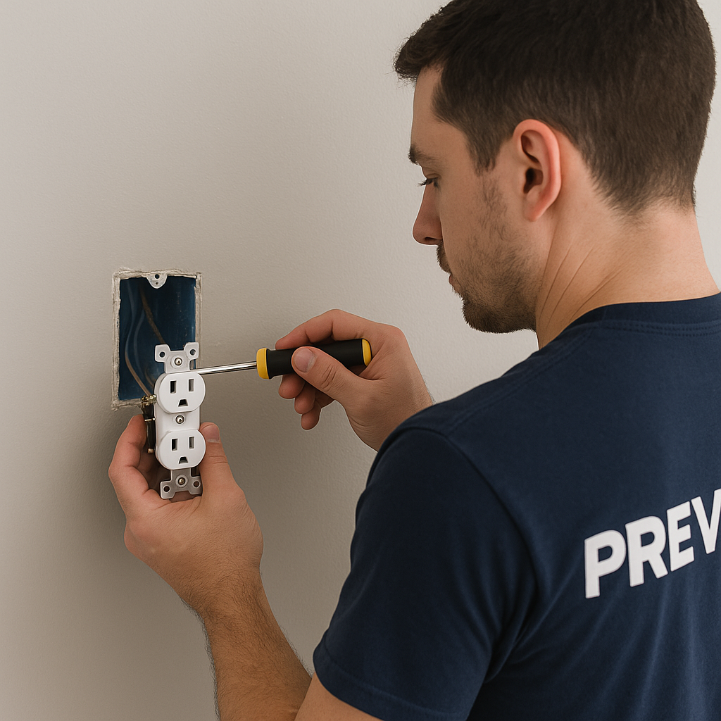 Prevolt Electric technician replacing an outdated two-prong outlet with a grounded three-prong outlet during a home rewire in Connecticut