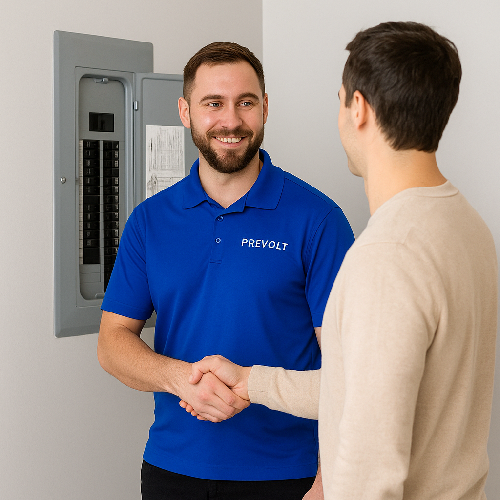 Prevolt Electric technician shaking hands with a homeowner beside a modern electrical panel after completing a whole-home rewire in Connecticut