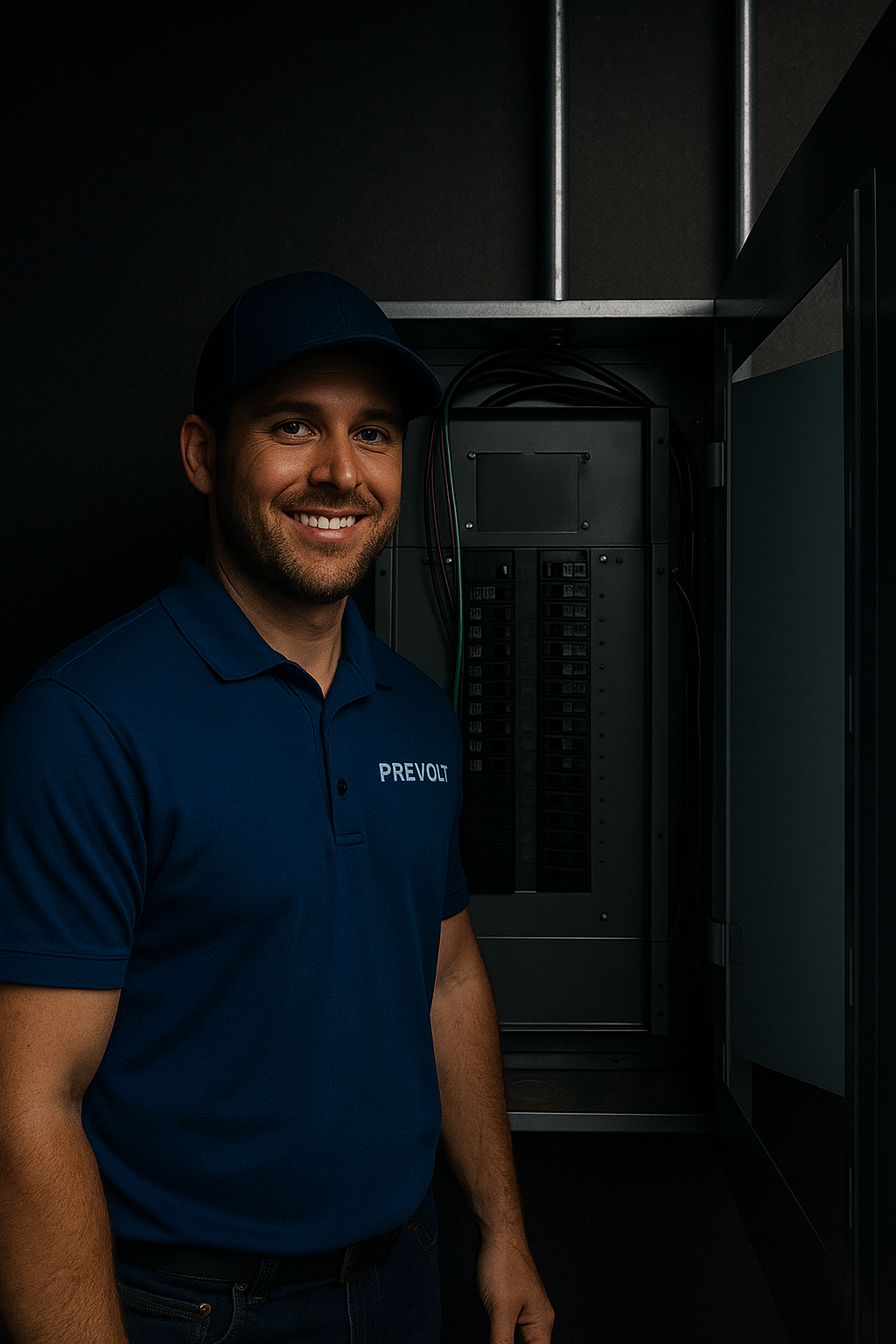 Licensed Prevolt Electric technician beside a clean, organized electrical panel.