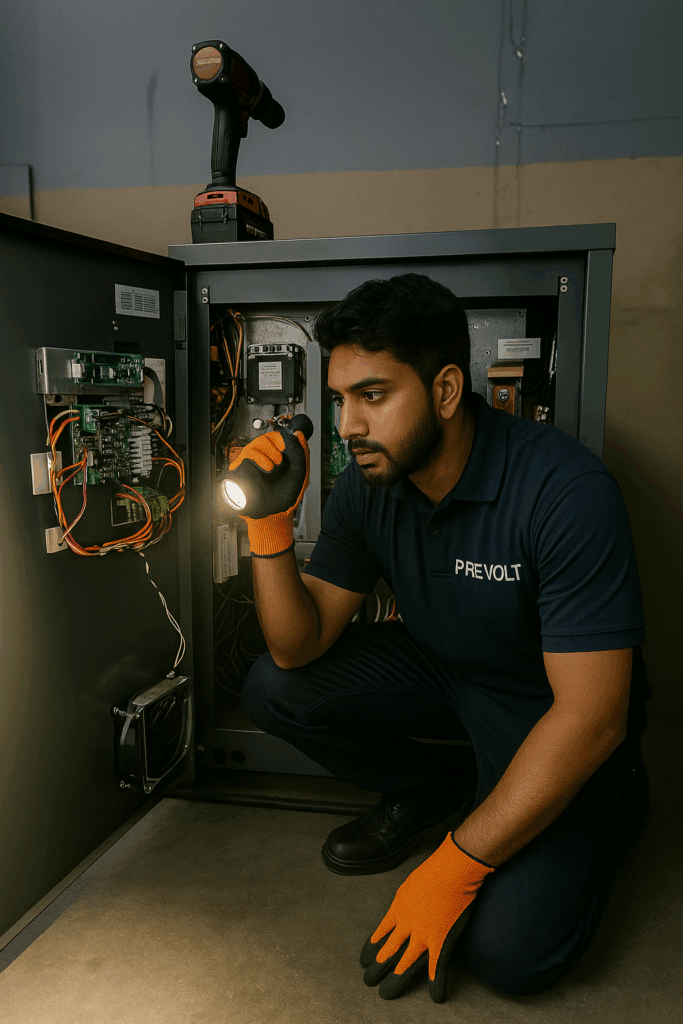 Prevolt Electric technician kneeling with flashlight testing electrical control panel during system verification.