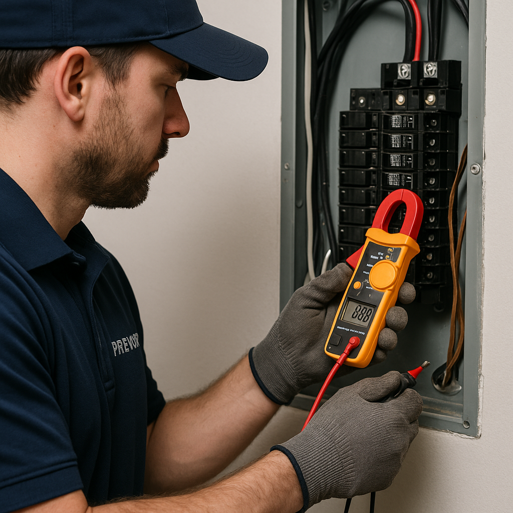 Prevolt Electric technician testing an electrical panel with a digital multimeter during final verification.