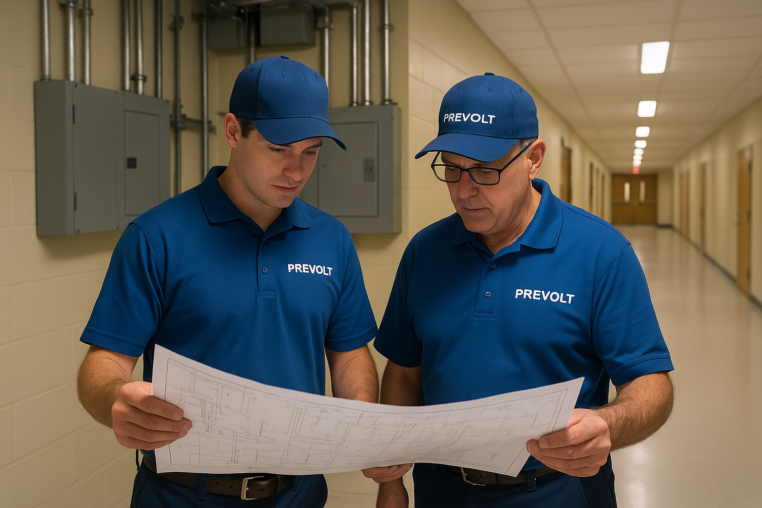Prevolt Electric technicians reviewing electrical blueprints in a school corridor during an educational facility inspection.
