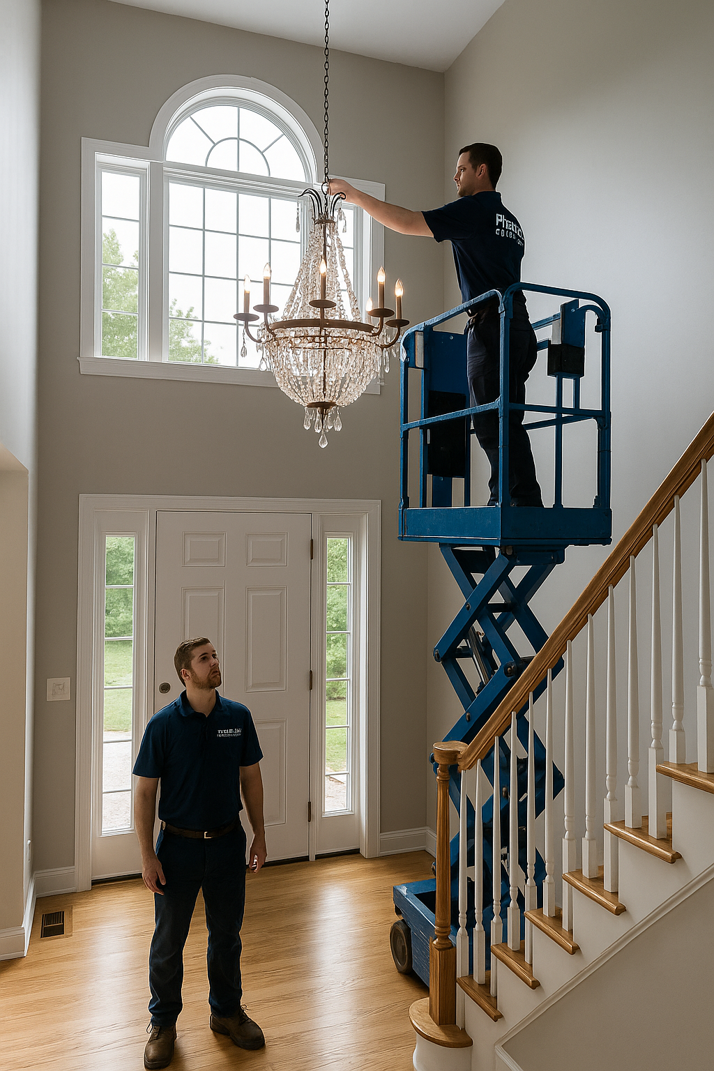Prevolt Electric installing a large chandelier in a high foyer with safe ladder setup.