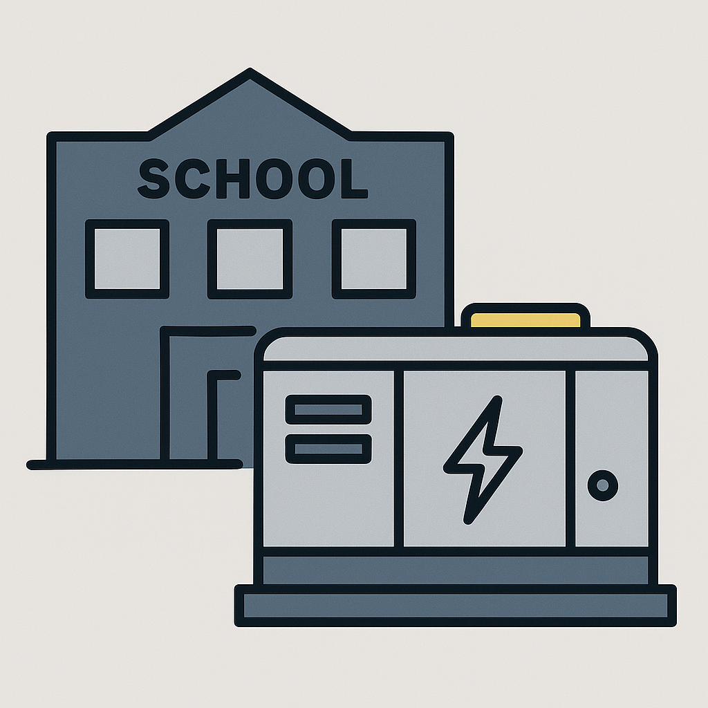 School building with standby generator icon representing emergency power systems for educational facilities.