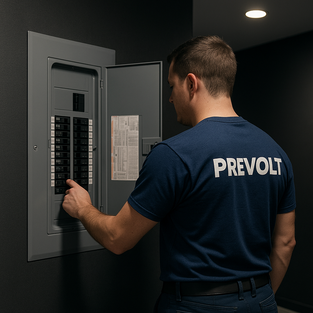 Prevolt Electric technician switching a breaker on a realistic residential electrical panel in a modern Simsbury CT home with clean professional lighting