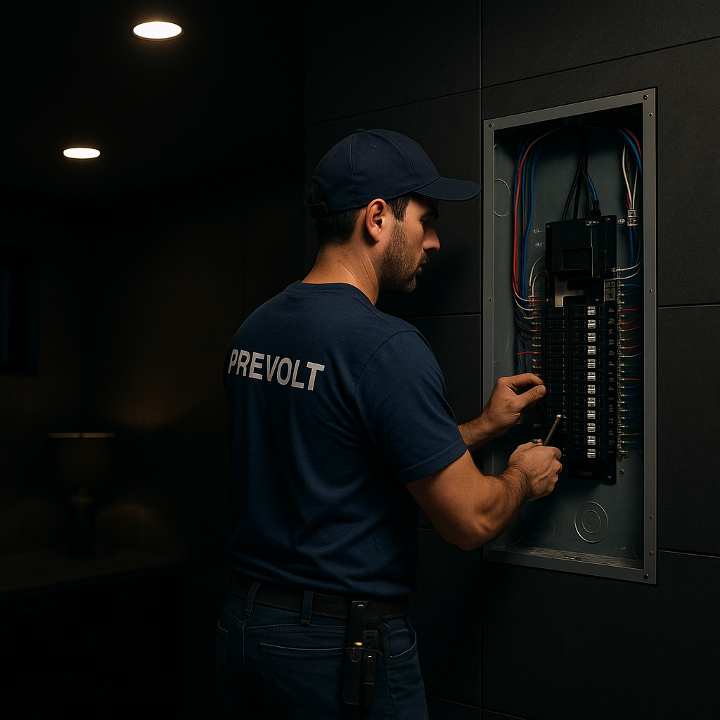 Prevolt Electric licensed electrician performing a clean, code-compliant installation in a dark modern Simsbury CT home with LED lighting and organized panel work