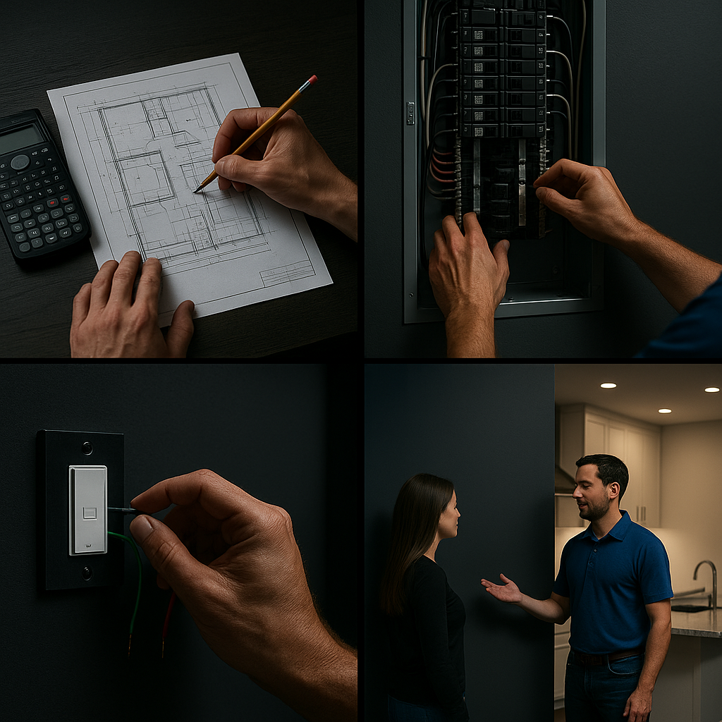Prevolt Electric 4-step process: design, install, program, walkthrough—clean panels and smart LED controls in Simsbury CT
