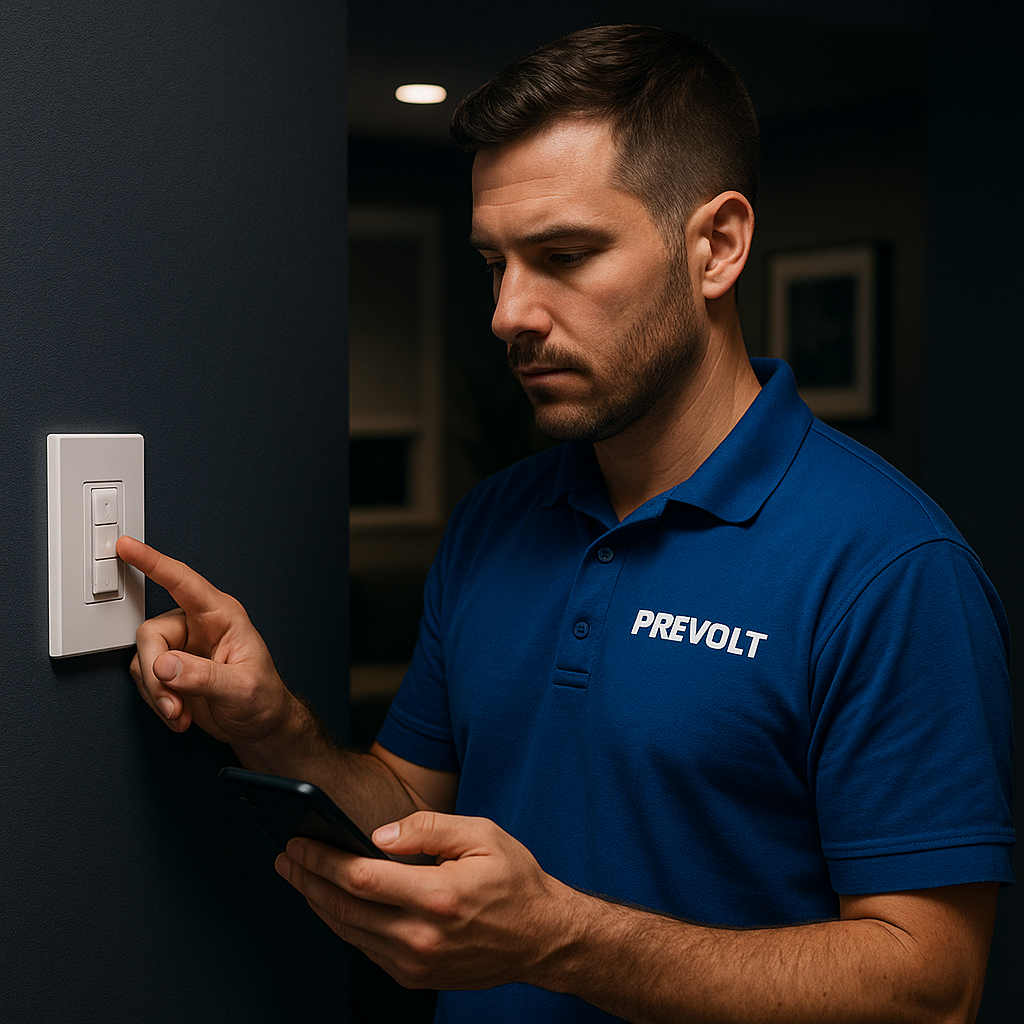 Prevolt Electric technician programming a smart dimmer on a dark, modern wall with LED ambient lighting in a realistic living room.
