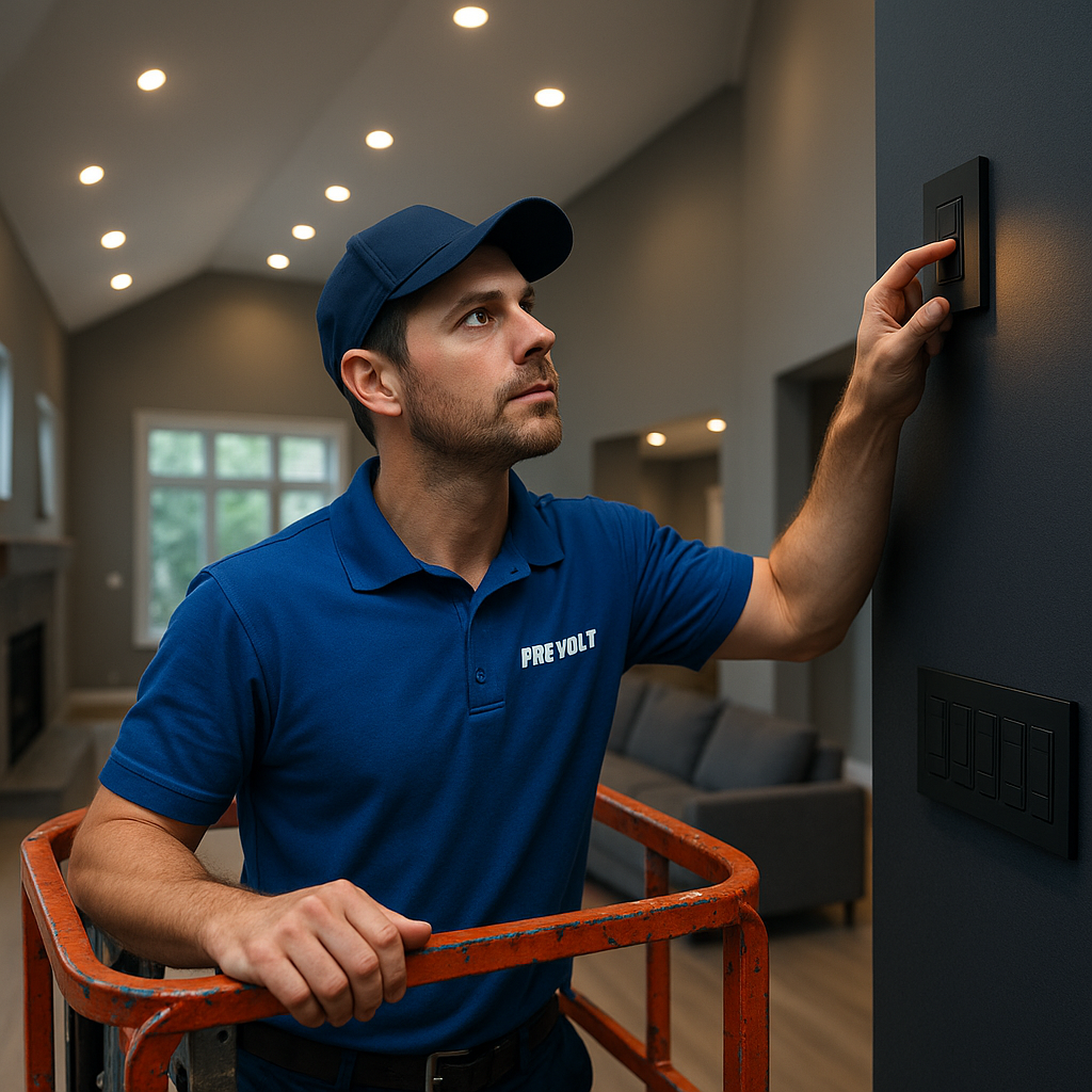 Prevolt Electric technician in a lift adjusting smart lighting levels for a high-ceiling great room with multiple LED zones and a neat control panel.