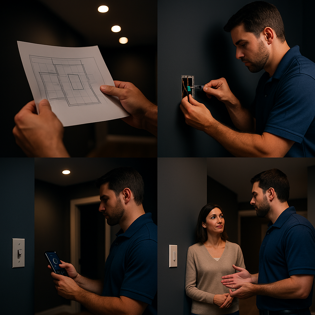 Step-by-step smart lighting process showing design, installation, programming, and client walkthrough by Prevolt Electric.