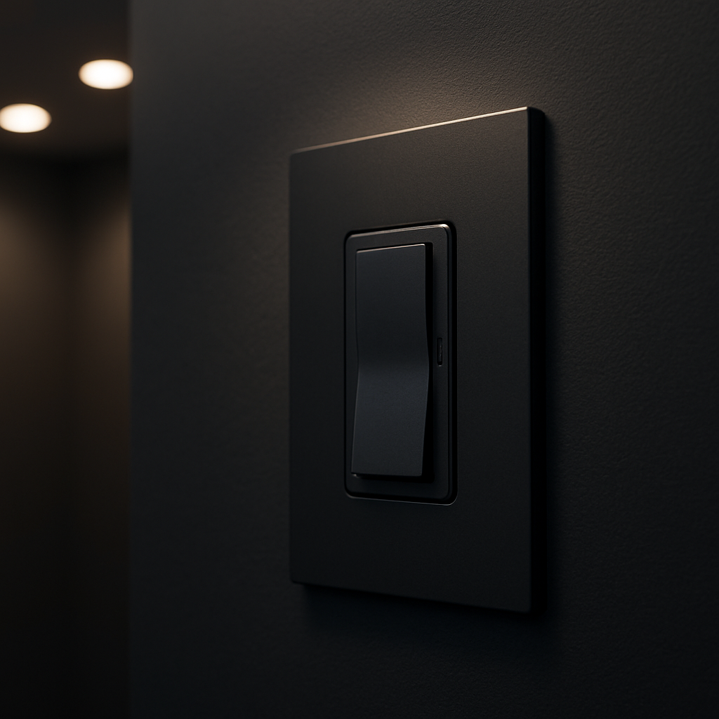 Close-up of a professionally installed smart dimmer with matching wall plate controlling LED downlights, installed by Prevolt Electric.