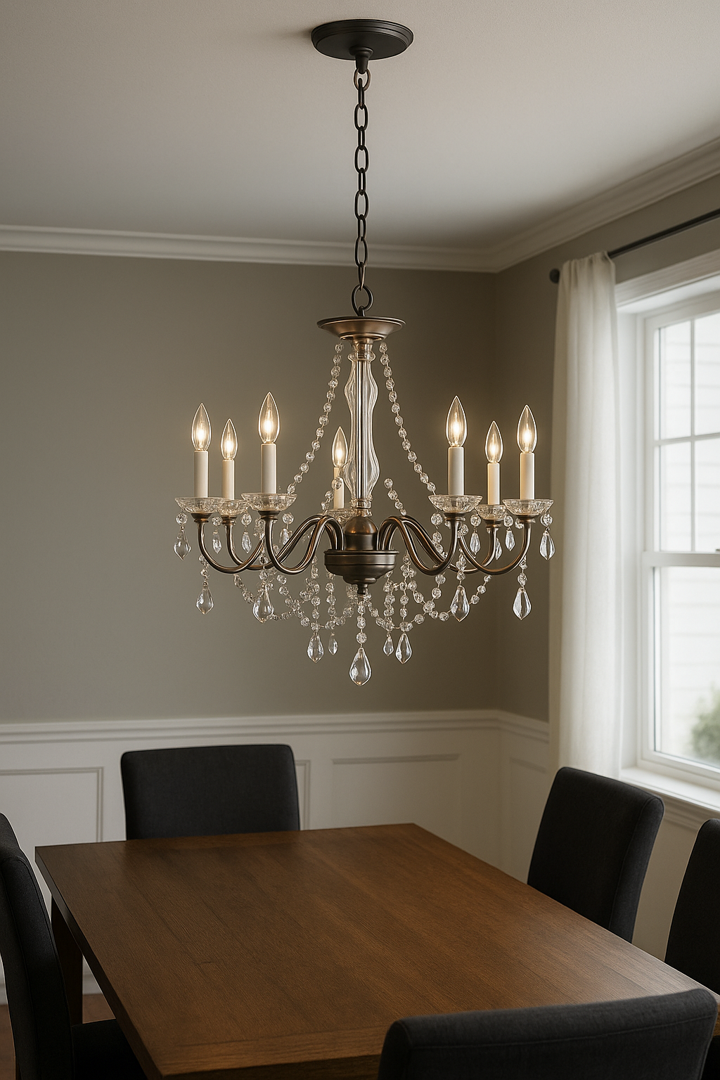 Standard dining room chandelier installation with centered fixture over the table.