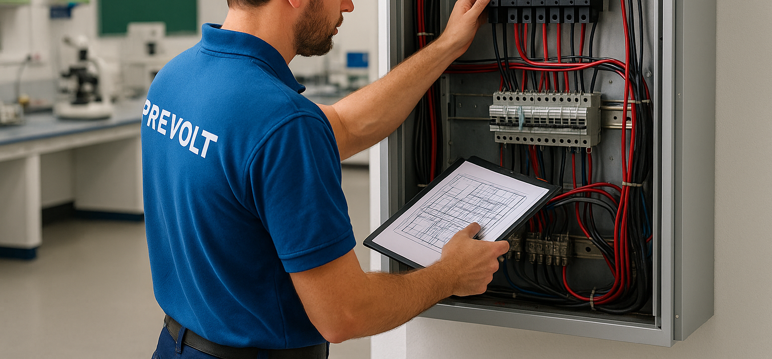 Prevolt Electric technician inspecting electrical panel inside a university laboratory.