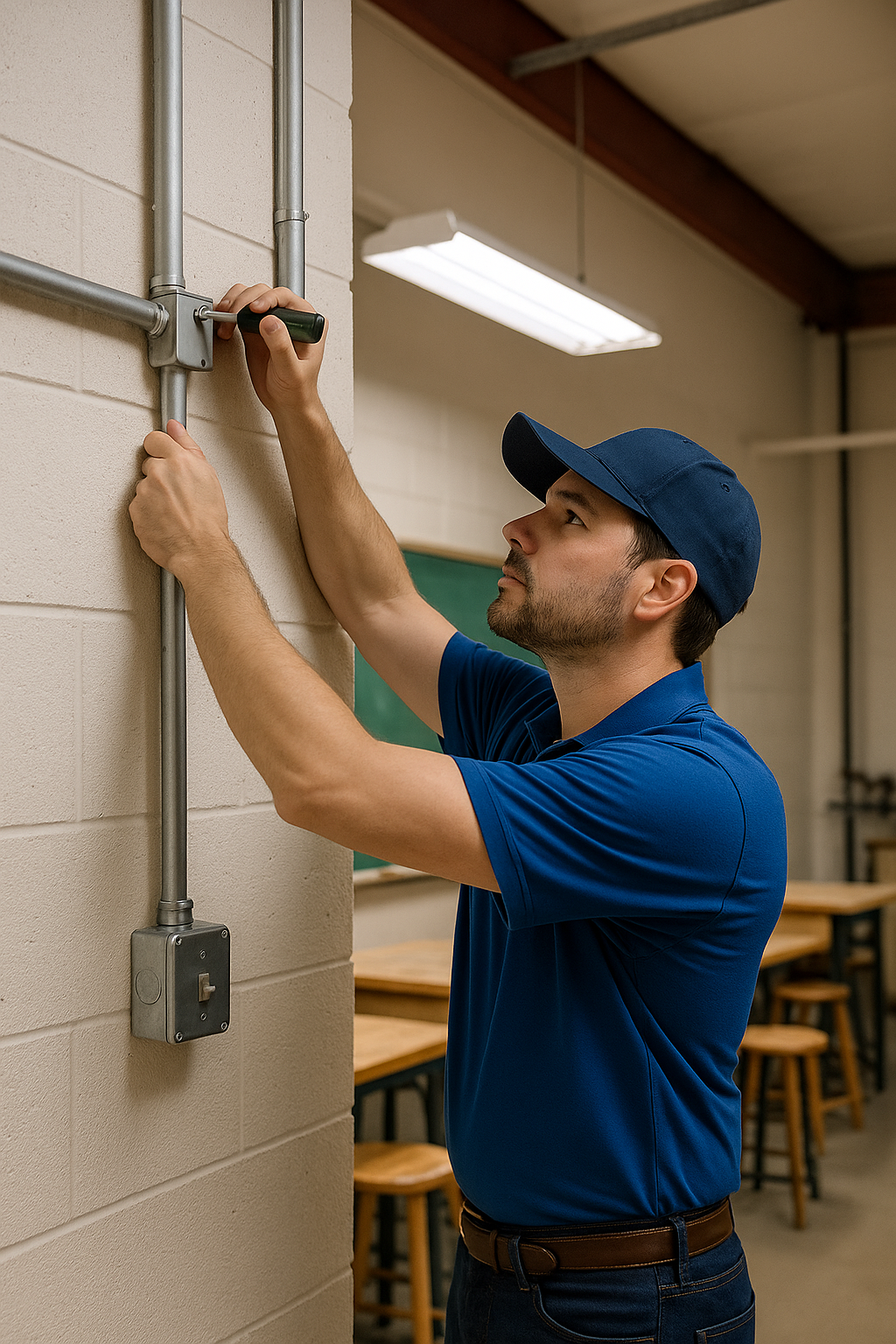 Prevolt Electric technician installing electrical conduit in a vocational training room.