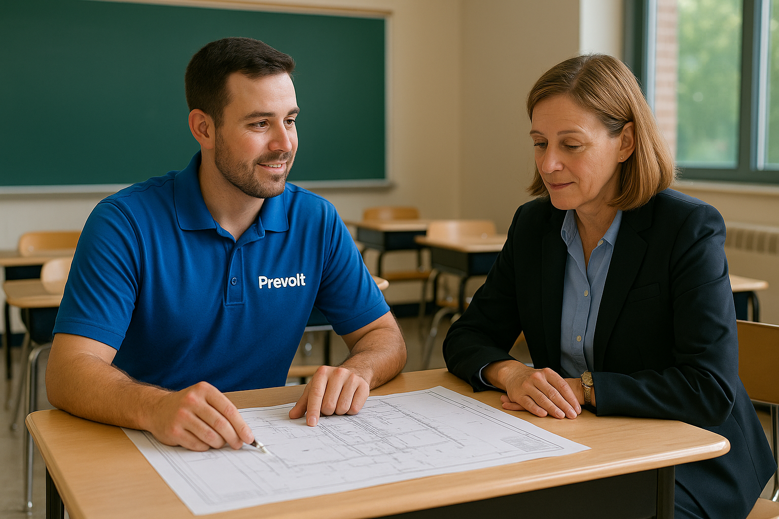 Prevolt Electric technician reviewing electrical plans with a school administrator in a classroom.