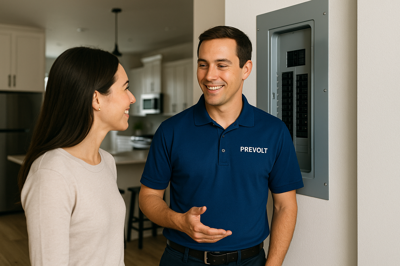 Prevolt Electric technician speaking with a customer during an on-site troubleshooting visit.