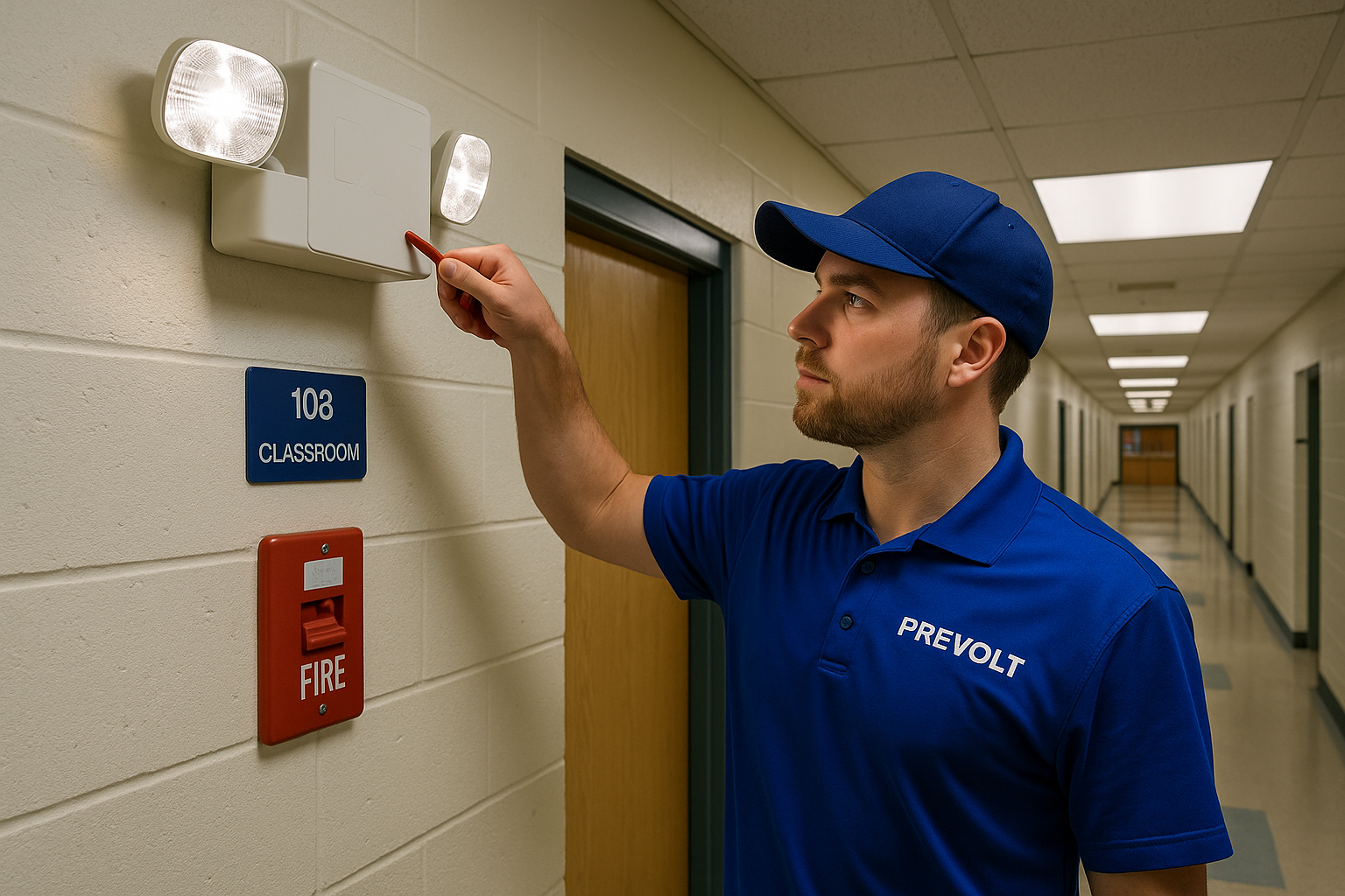 Prevolt Electric technician testing emergency light fixture and fire alarm in a school hallway.