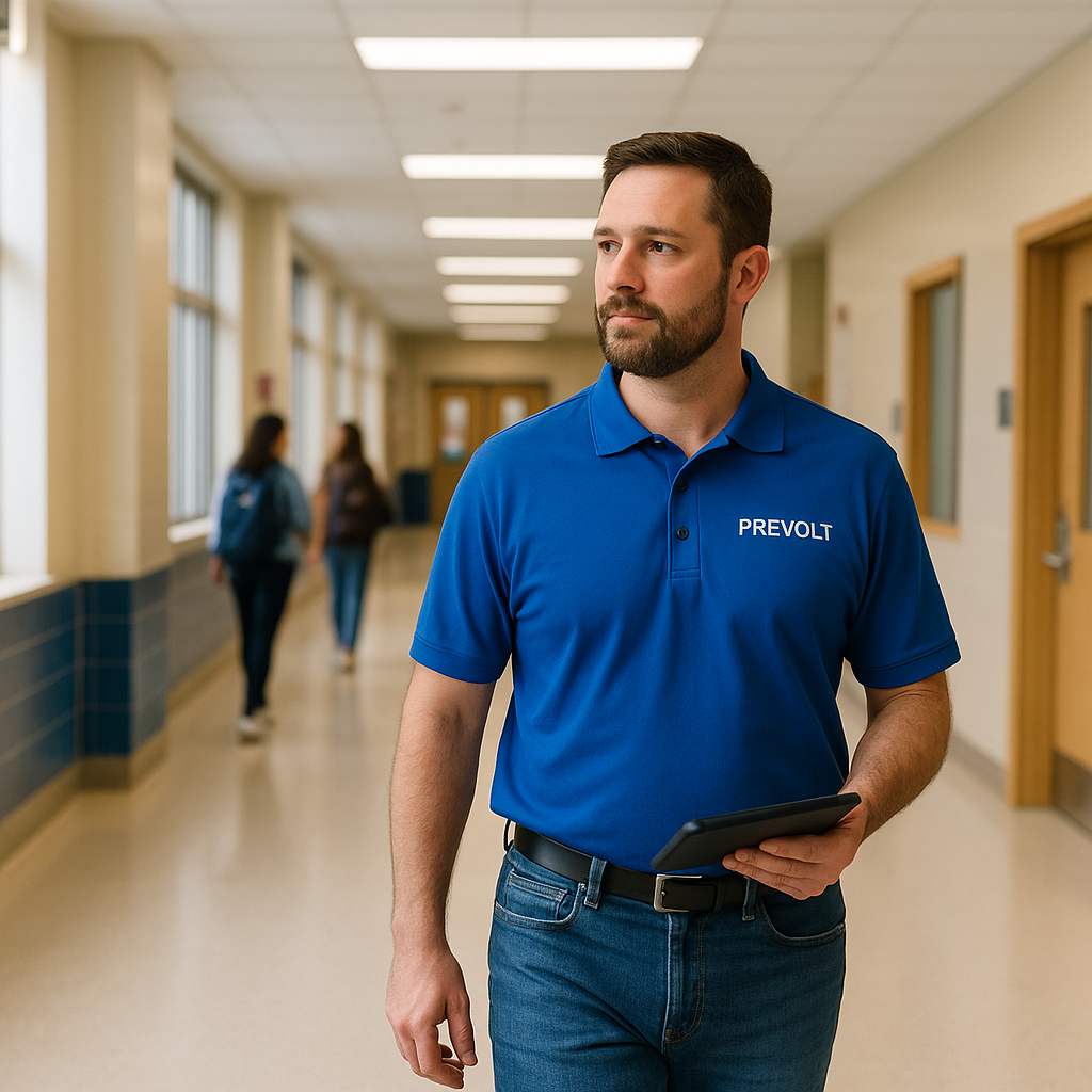Prevolt Electric technician walking through a school hallway holding a tablet during an electrical inspection.