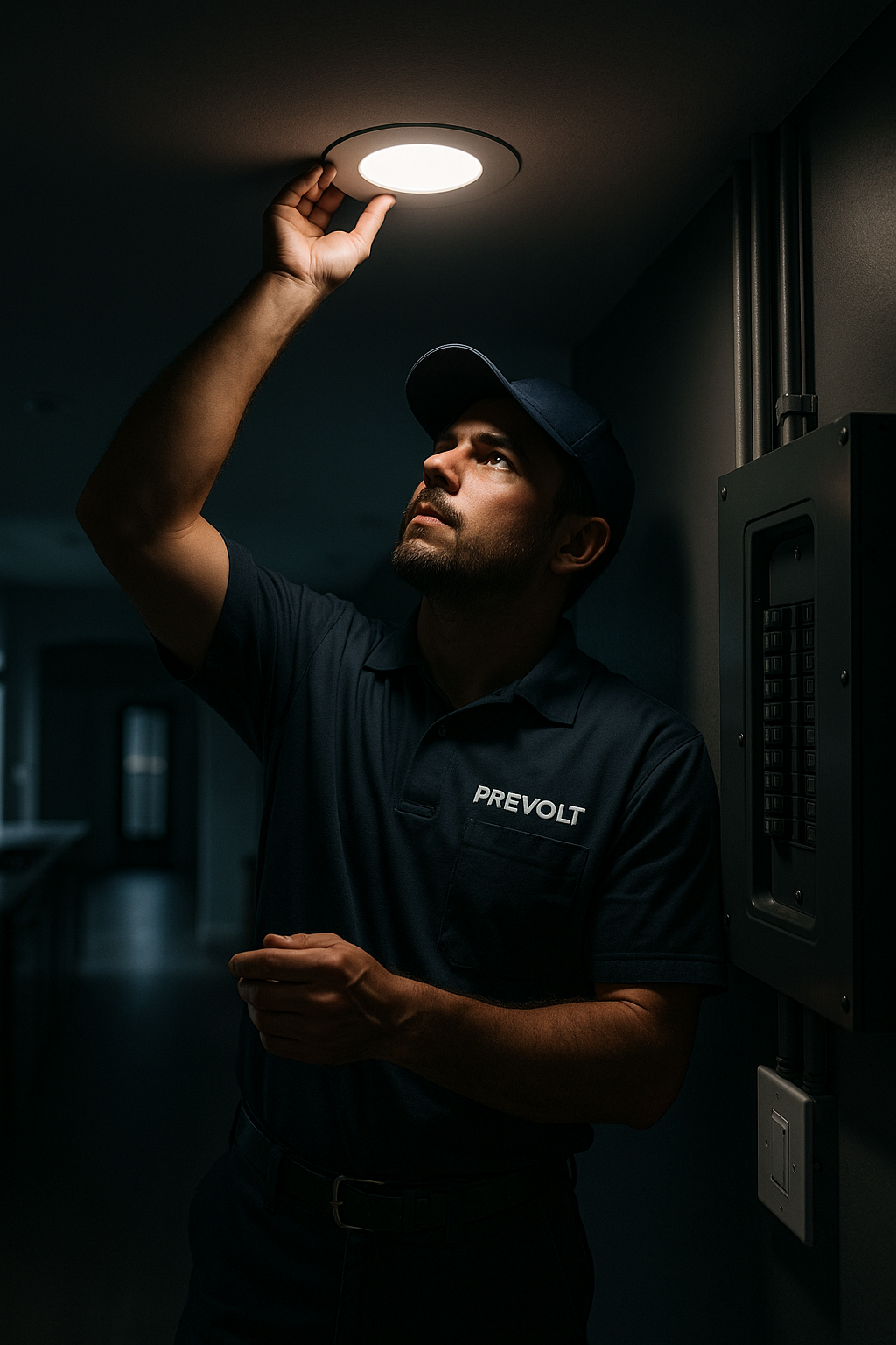 Prevolt Electric technician adjusting LED lighting in a dark, modern Windsor Locks home—clean wiring, code-compliant installation.
