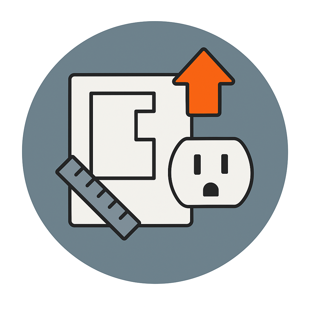 Vector icon showing a floor plan, ruler, and electrical outlet representing new outlet installations during home remodeling or expansion by Prevolt Electric.