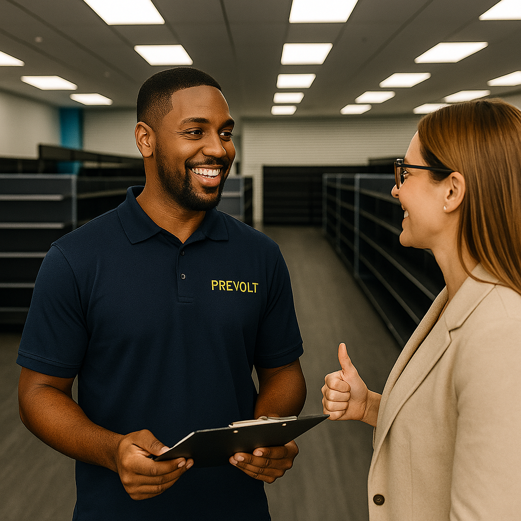 Prevolt Electric technician meeting with retail client for final inspection and project approval inside a newly completed store.