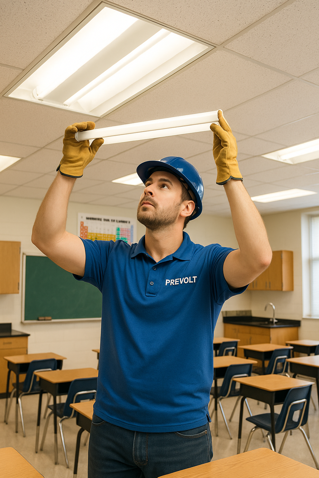 Prevolt Electric technician replacing fluorescent classroom light fixture in a Connecticut school.